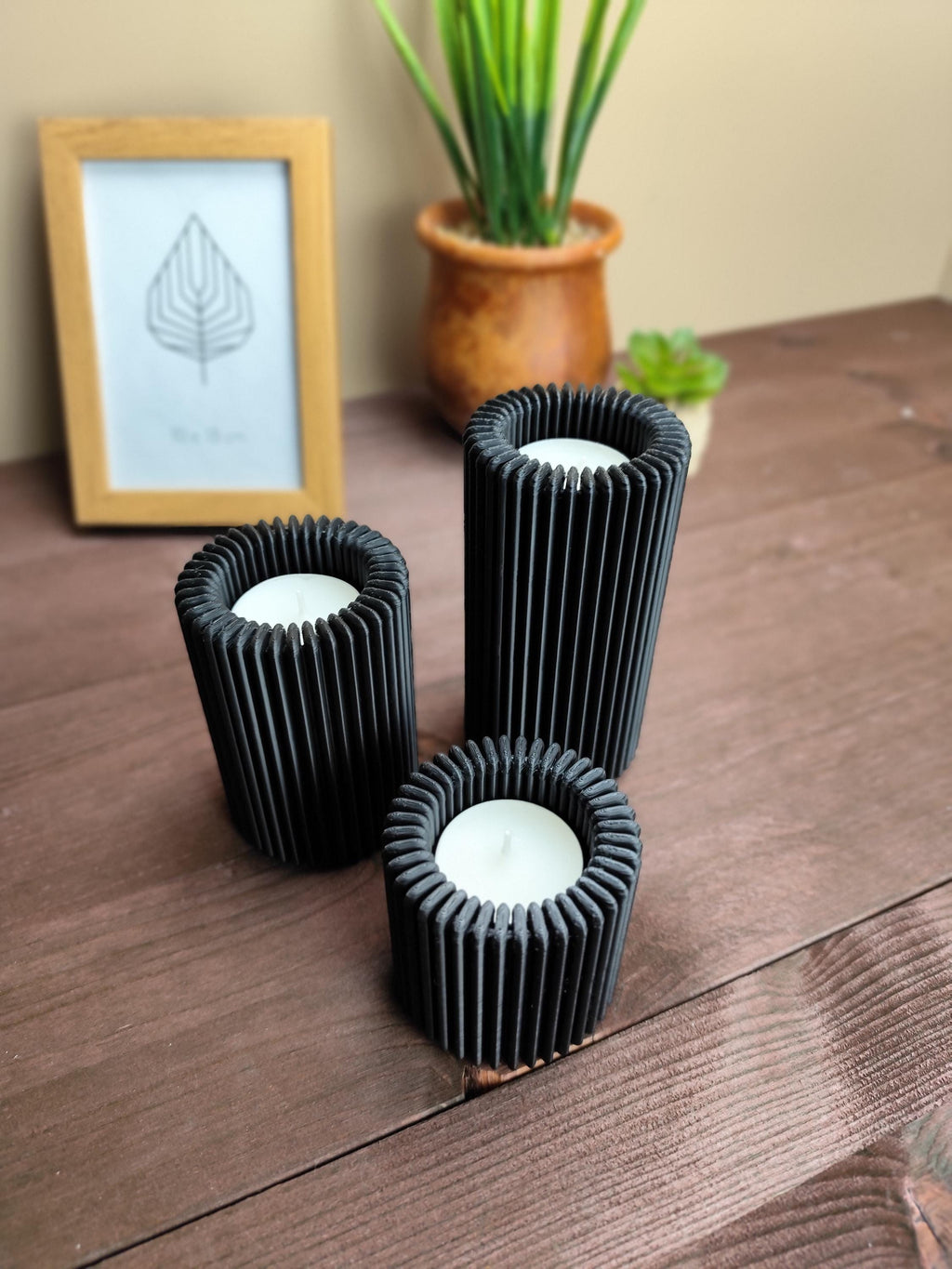 Ribbed Design Candle, Tealight Holder Set